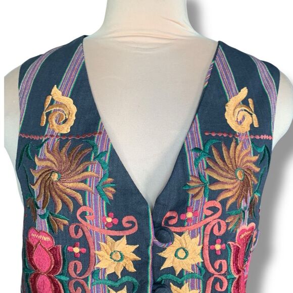 Vintage 90s Embroidered Vest Floral Striped Button Front Vneck Waistcoat Medium - Picture 4 of 9